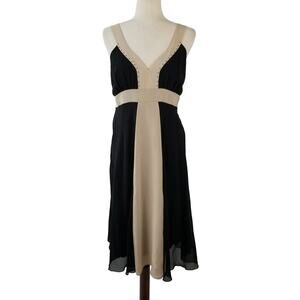 Jonathan Martin Petite Black Tan Silky Lined Flowy Tie Waist Midi Dress 12 P